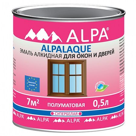 Эмаль ALPALAQUE для окон и дверей 0,5л (0.65кг)  (супербелая, высокоэластичная, антислип), полуматов