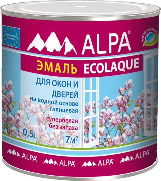 Экоэмаль ALPA для окон и дверей 0,5л (0.61кг)  (на водной основе) рек-но для дет. и мед. учрежд.