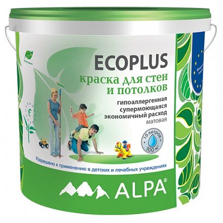 Краска ALPA DIY ЭКОПЛЮС, 9л. (14,4 кг)матовая латексная супермоющаяся. рек-но для дет. и мед. учр.