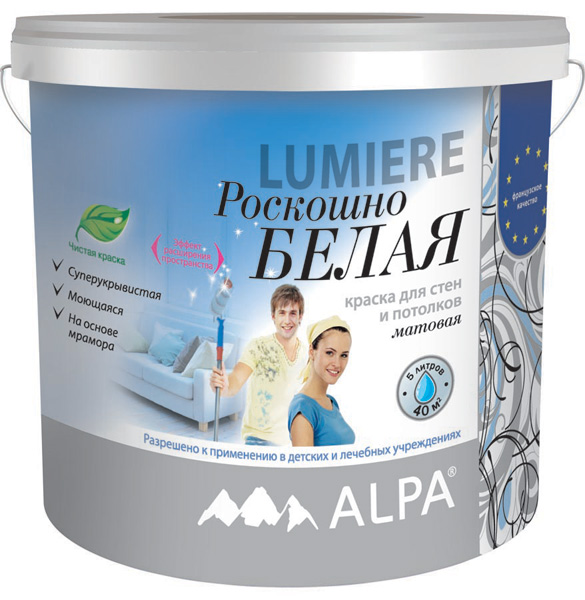 Краска ALPA LUMIERE 5 л ( 7,8 кг) акрил.для стен и потолков супербелая