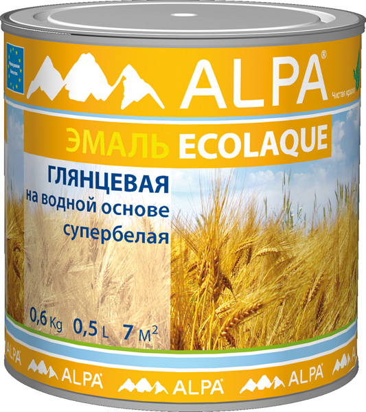 Экоэмаль ALPA белая глянцевая 0,5л(0.61кг)  (на водной основе) рек-но для дет. и мед. учрежд.